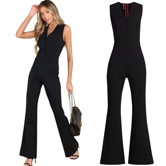 SPANX Pants - SPANX Perfect Sleeveless Jumpsuit Classic Black Ponte Flare Leg V-neck Slimming